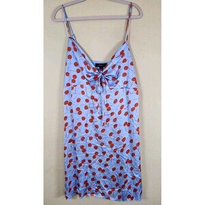 Forever 21 1X Pink Cherry Print Mini spaghetti strap pinup breast tie dress blue